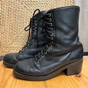 Vintage Roots Leather Boots Black Lace Up Heeled Made in Canada Combat Lined HTF